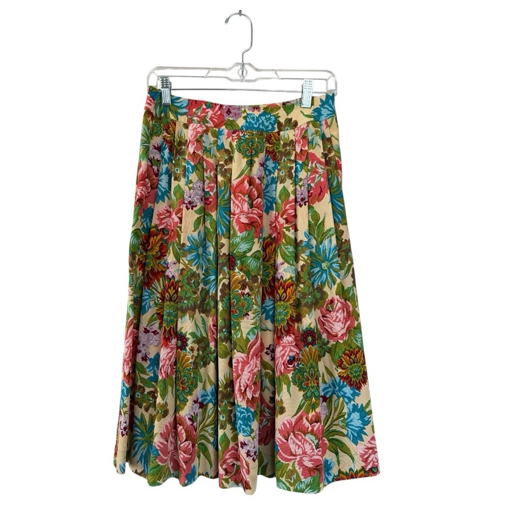 Postella Anthropologie 100% Silk Floral Pleated Midi Skirt Size Small